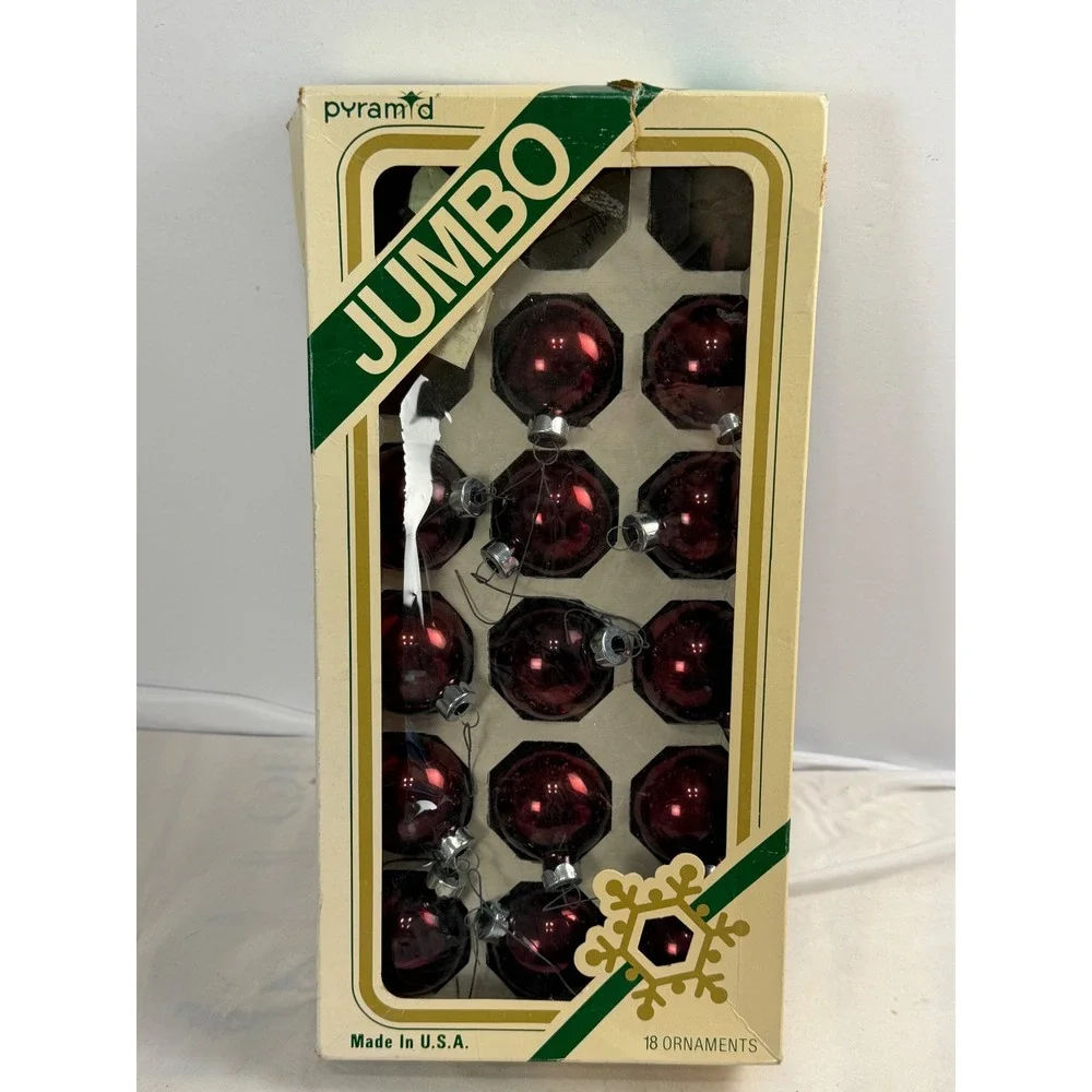 Vintage Pyramid Jumbo Christmas Ornaments Burgundy Red Glass Balls Set of 14 USA